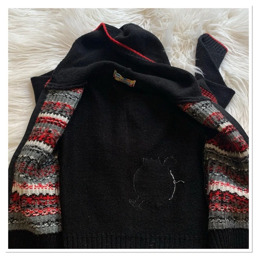 City Knit Ralph Lauren Fair Aisle Hooded Sweater Black Red Size 20 US 3
